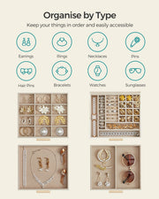 Panel showing four tray layouts for earrings, rings, necklaces, watches, hair pins, bracelets and sunglasses