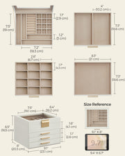 Dimension diagram showing the jewellery box at 23.1 x 20.3 x 16.5 cm with tray and drawer measurements