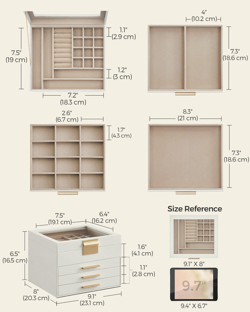 Dimension diagram showing the jewellery box at 23.1 x 20.3 x 16.5 cm with tray and drawer measurements