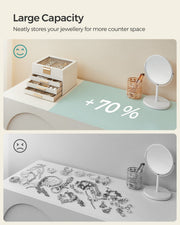 Comparison showing jewellery stored neatly in the box against loose jewellery scattered on a dressing table