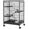 Black 4-level small animal cage with platforms, ramps and wheels on white background