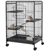 Black 4-level small animal cage with platforms, ramps and wheels on white background