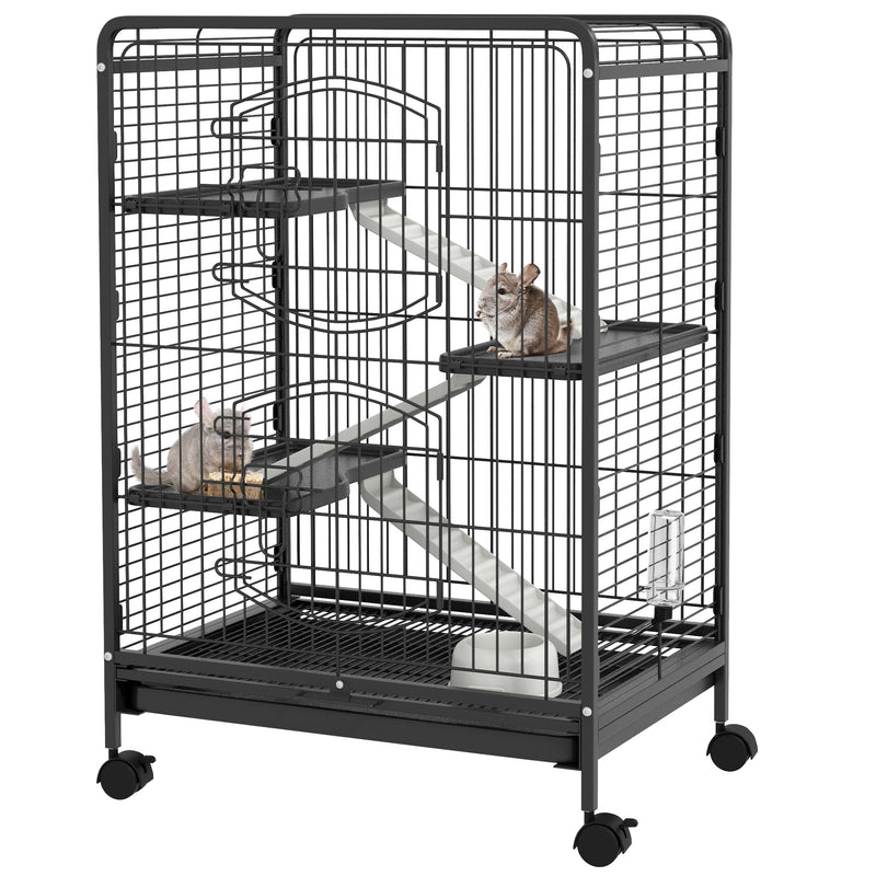Black 4-level small animal cage with platforms, ramps and wheels on white background