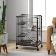 Cage with a small pet inside next to an armchair