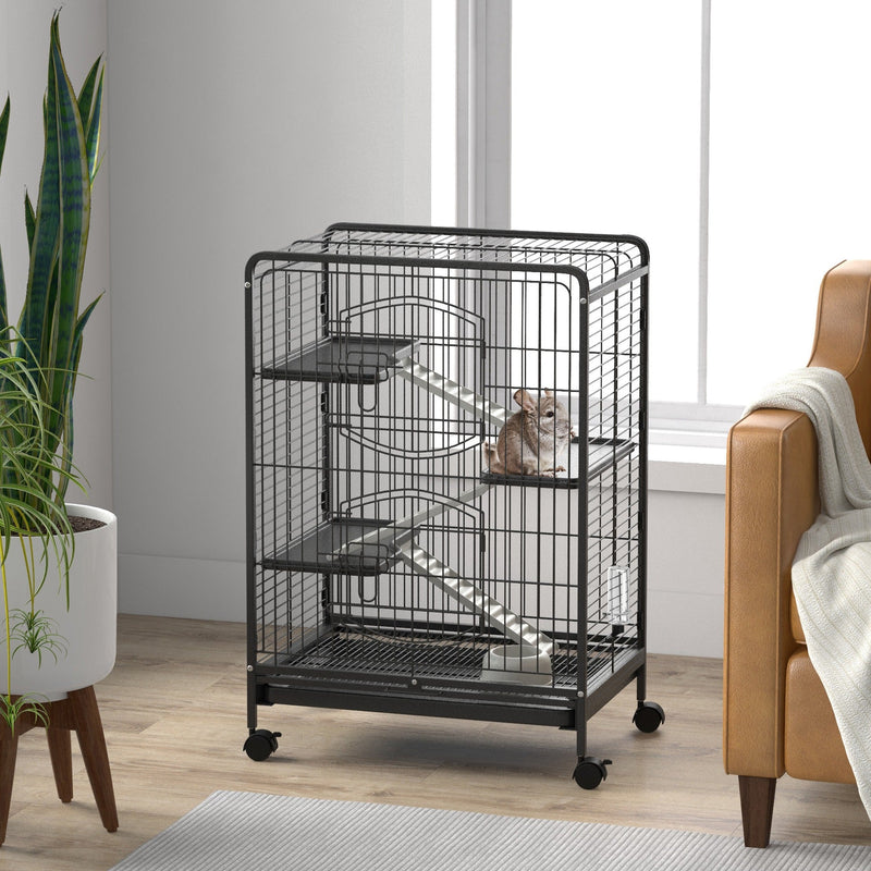 Cage with a small pet inside next to an armchair