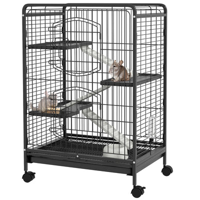 Black 4-level small animal cage with platforms, ramps and wheels on white background