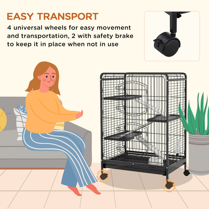 Woman beside the cage with a callout of a wheel with a safety brake