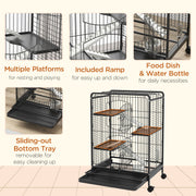 Collage of the platforms, ramp, food dish, water bottle and slide-out bottom tray