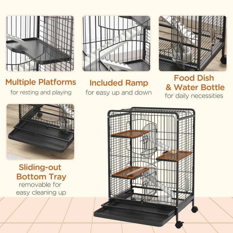 Collage of the platforms, ramp, food dish, water bottle and slide-out bottom tray