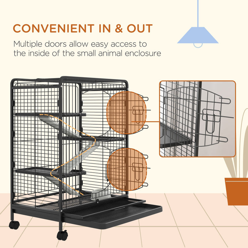 Cage with open doors highlighted and an inset of the door latch