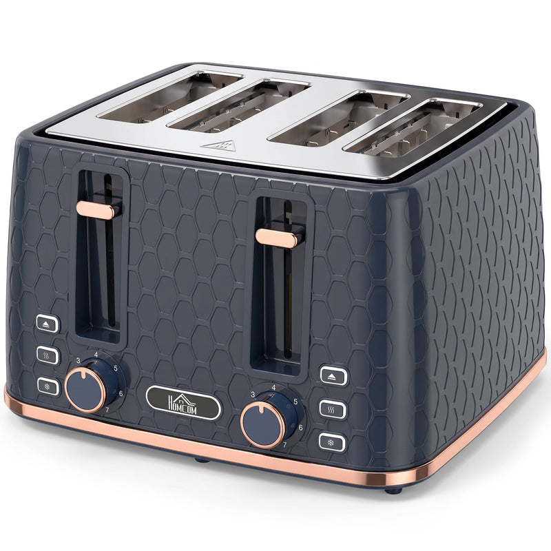 Homcom 4-slice toaster with honeycomb-textured dark blue body and rose-gold trim