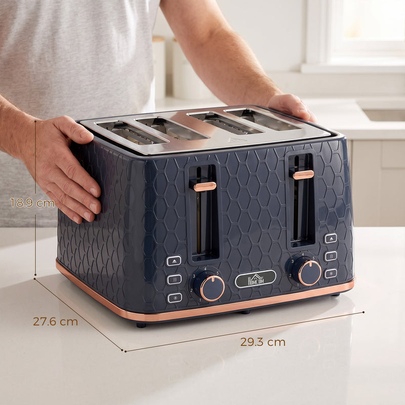 Dimensions diagram of the honeycomb toaster showing 29.3 x 27.6 x 18.9 cm