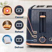 Close-up of the Cancel, Reheat and Defrost buttons on the honeycomb toaster