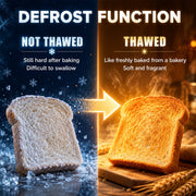 Defrost function comparison showing frozen bread thawed into golden toast