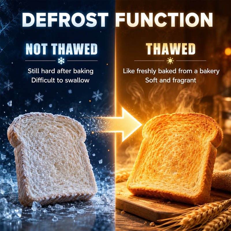 Defrost function comparison showing frozen bread thawed into golden toast