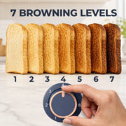 Toast browning level comparison from 1 to 7 shown beside the control dial