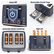 Cancel, Reheat and Defrost button icons highlighted on the toaster housing