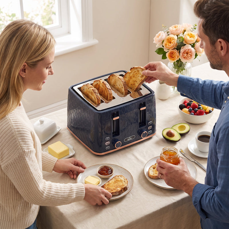 Couple sharing breakfast toast at a table with the honeycomb toaster