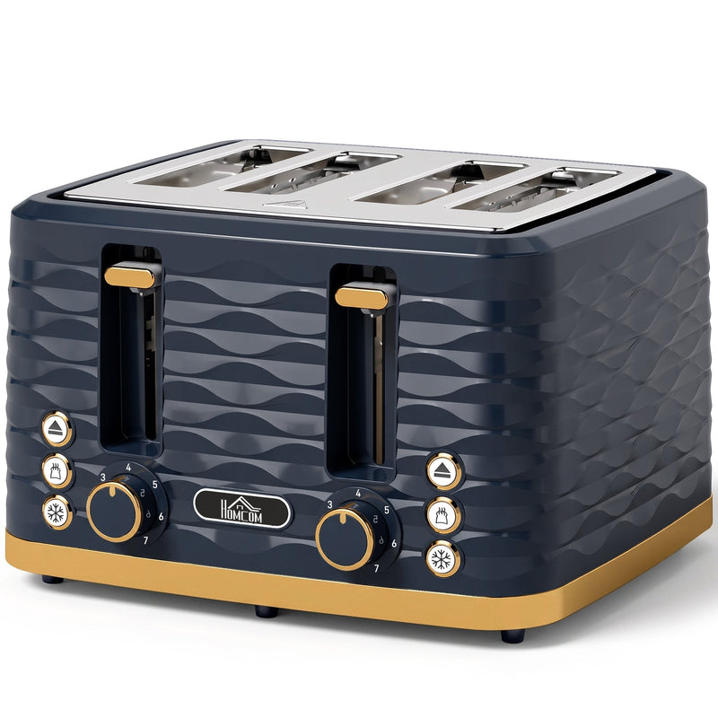Homcom 4-slice toaster with ripple-textured dark blue body and brass trim
