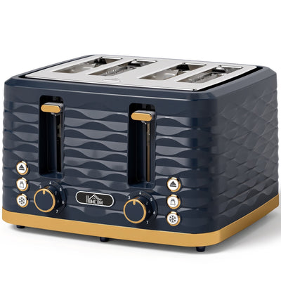 Homcom 4-slice toaster with ripple-textured dark blue body and brass trim
