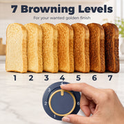 Toast browning level comparison from 1 to 7 shown beside the gold control dial
