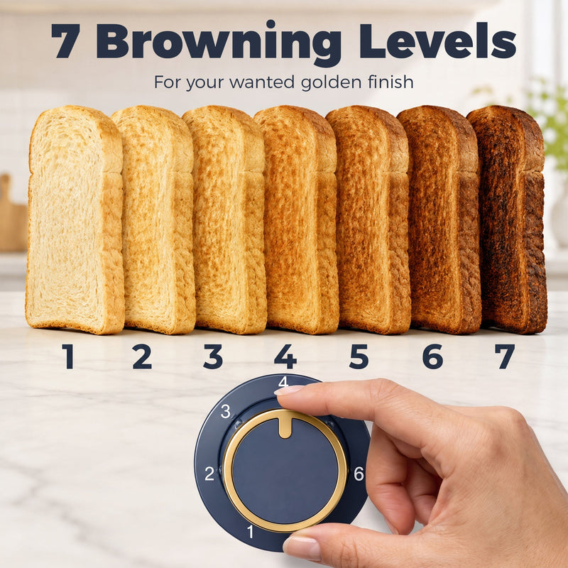 Toast browning level comparison from 1 to 7 shown beside the gold control dial
