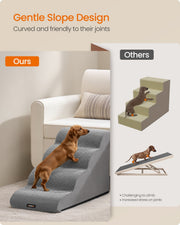 Gentle slope design of the 4-step dog stairs compared with traditional boxy pet steps and a ramp