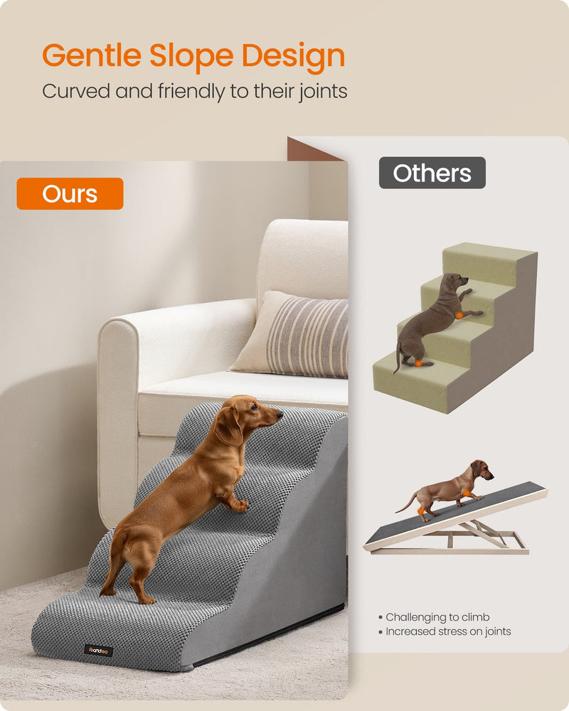 Gentle slope design of the 4-step dog stairs compared with traditional boxy pet steps and a ramp