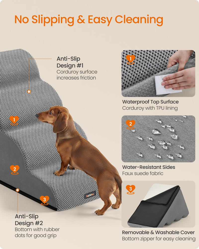 Corduroy anti-slip surface, rubber-dot base and removable washable cover on the 4-step dog stairs