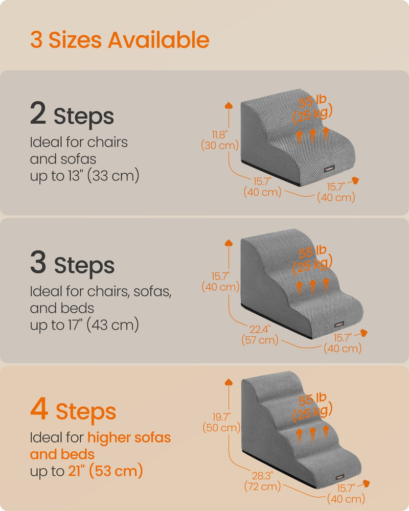 Size comparison chart of Feandrea 2-step, 3-step and 4-step dog stairs dimensions