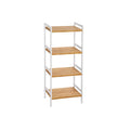 Four tier bamboo shelf unit with a white frame on a plain background
