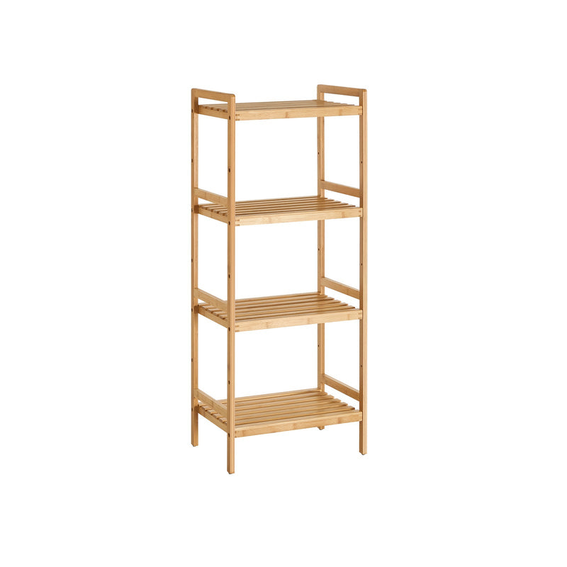 Songmics 4 tier natural bamboo shelving unit with slatted shelves, plain background