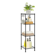 4-tier black wire bathroom shelf holding a plant, toiletries, towels and bottles