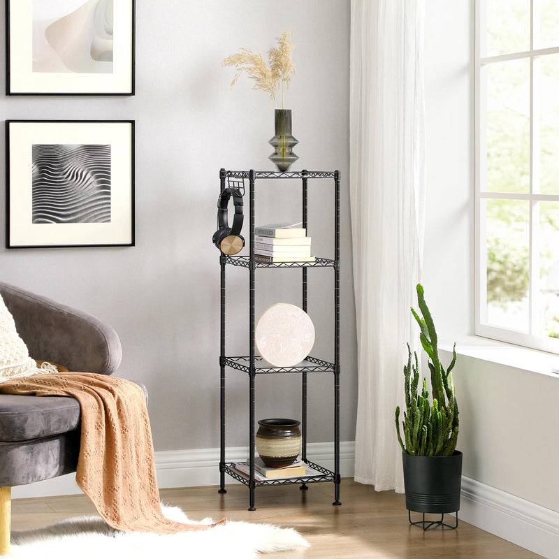 Black 4-tier wire shelf in a living room with headphones, books and a vase