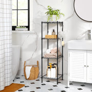 Wire shelving unit beside a bathroom basin holding rolled towels and toiletries