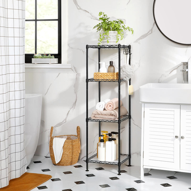 Wire shelving unit beside a bathroom basin holding rolled towels and toiletries