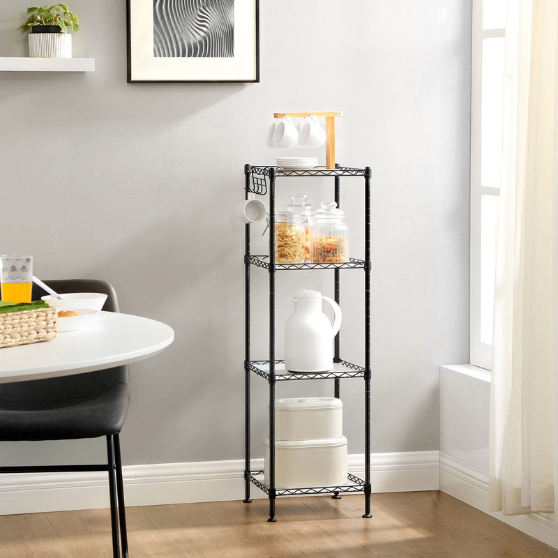 The same 4-tier shelf in a kitchen holding storage jars, a jug and tins