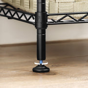 Close-up of the adjustable screw foot at the base of the black post