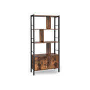 Rustic brown and black 4 tier bookcase with a 2 door cabinet base on a white background