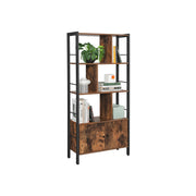 The bookcase styled with a potted plant, books and ornaments across its open shelves