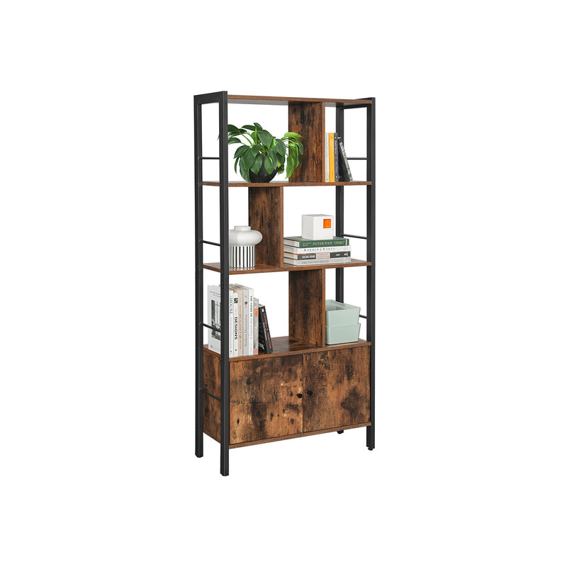 The bookcase styled with a potted plant, books and ornaments across its open shelves