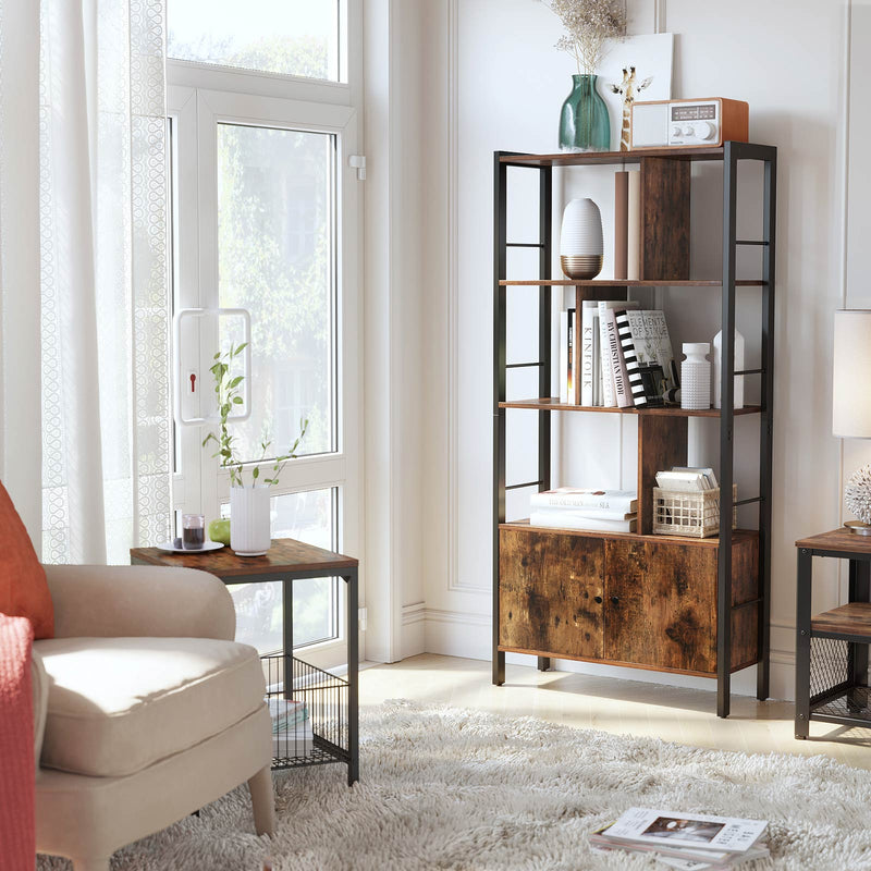 Bookcase standing beside a patio door in a bright room with books and storage boxes