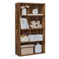 Rustic brown 4-tier bookcase styled with books and ornaments on a white background