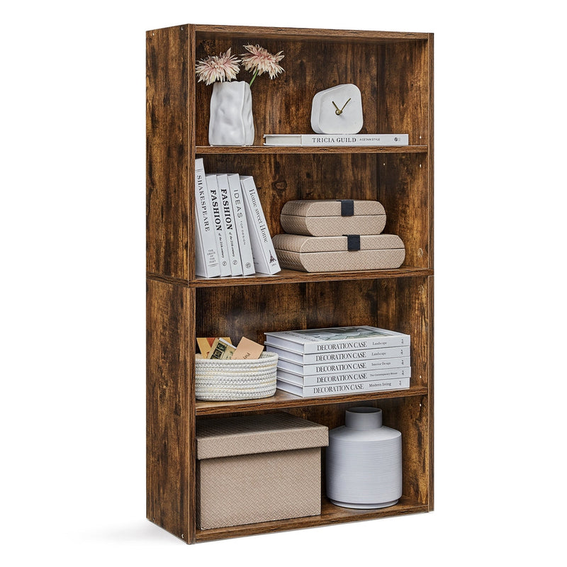 Rustic brown 4-tier bookcase styled with books and ornaments on a white background
