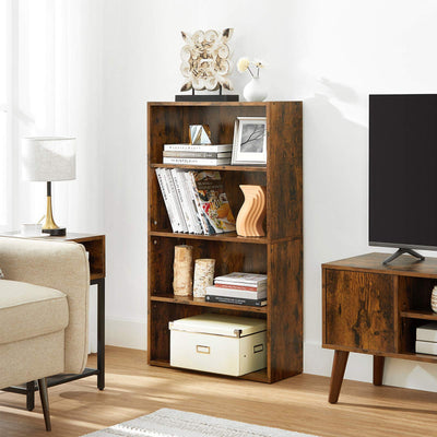 The bookcase in a living room beside a lamp, armchair and low TV unit