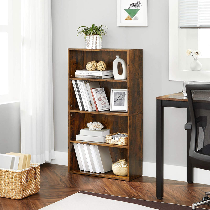 The bookcase in a home office next to a desk, window and woven floor basket