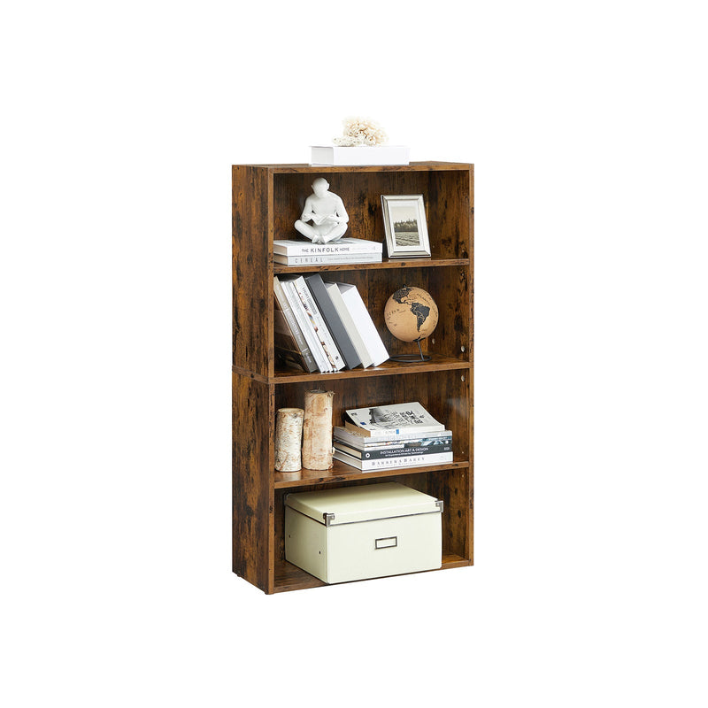 The 4-tier bookcase filled with books, a fabric storage box and photo frames