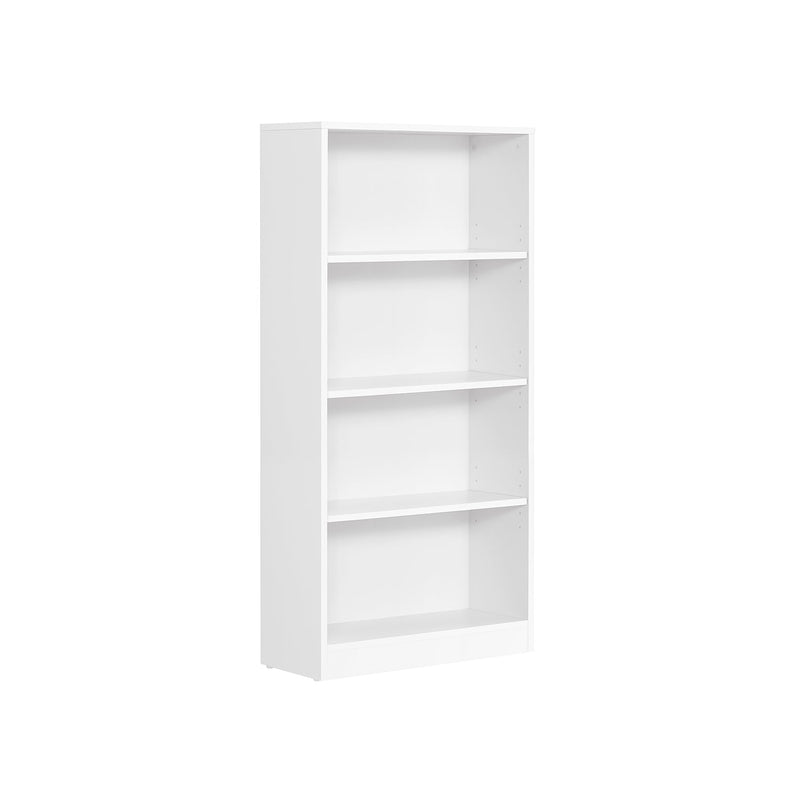 White 4-tier bookcase shown empty at an angle on a plain background