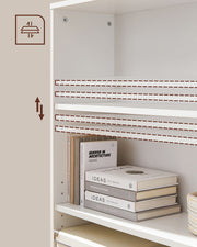 Close-up of the bookcase interior showing the adjustable shelf peg holes