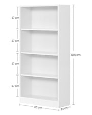 Dimensions diagram of the white 4-tier bookcase showing 60 x 24 x 121.5 cm and 27 cm shelf gaps